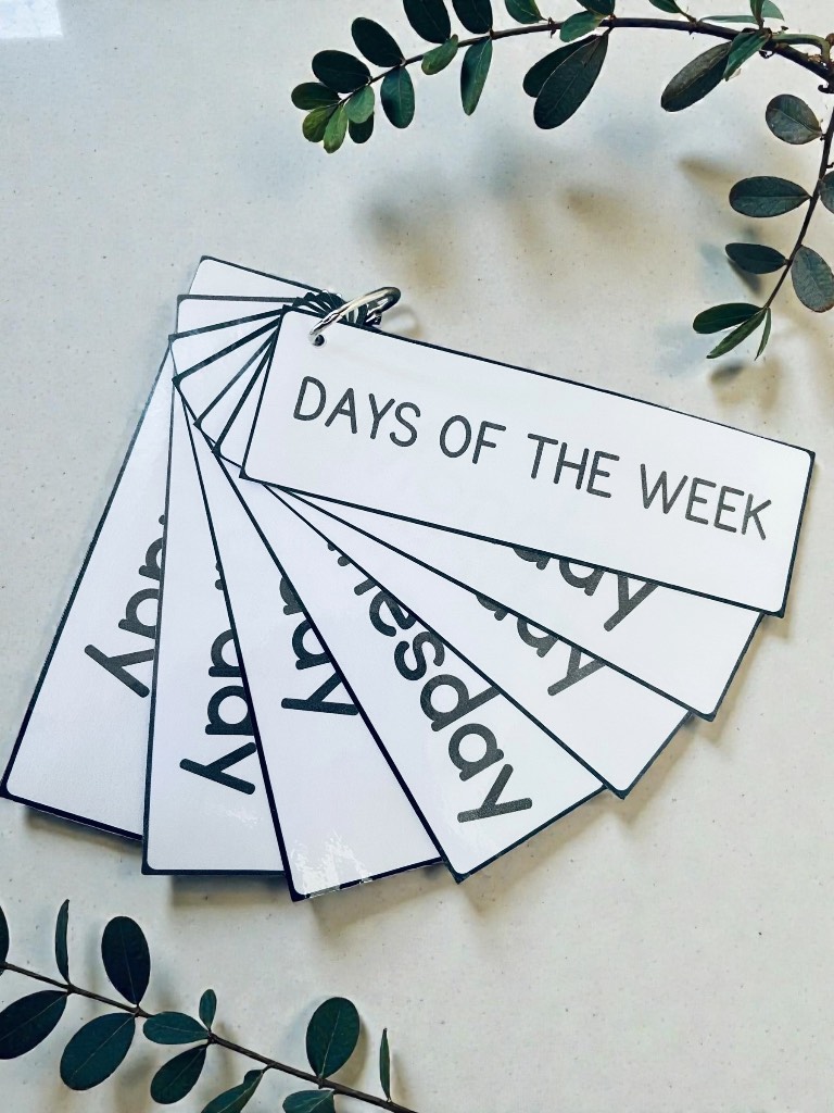 Days of The Week Black & White Flashcards Early Years Pre School Flash Cards.