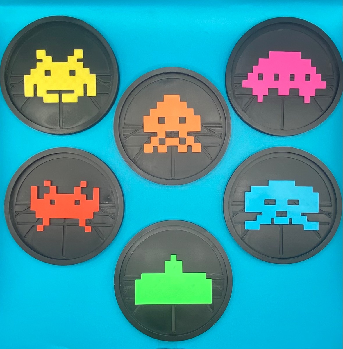 3D Printed 6x Coaster And Holder Set - Space Invader