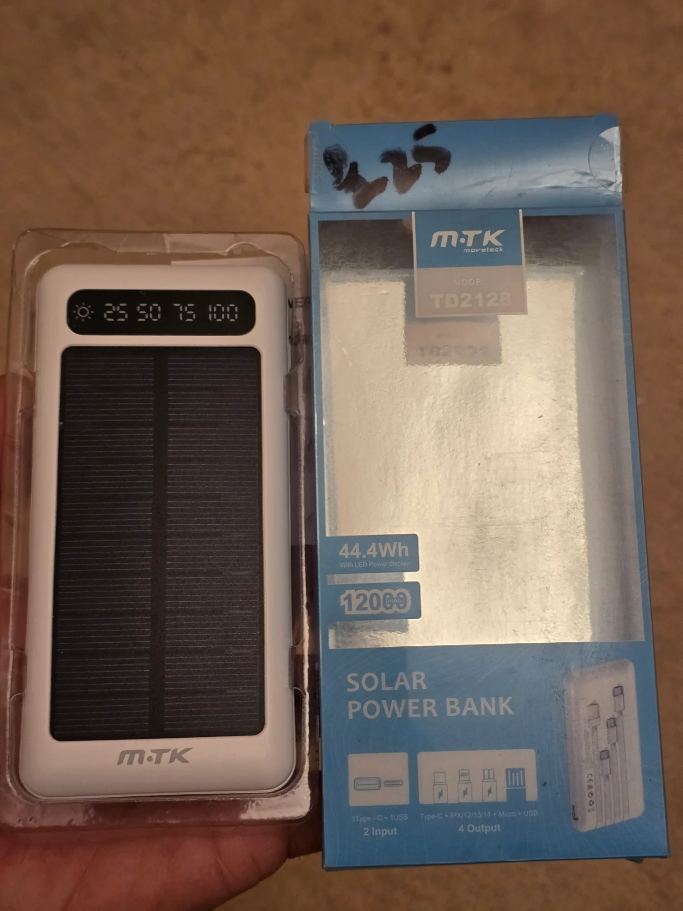 12000 Mah Solar Power Bank white with built-in cables