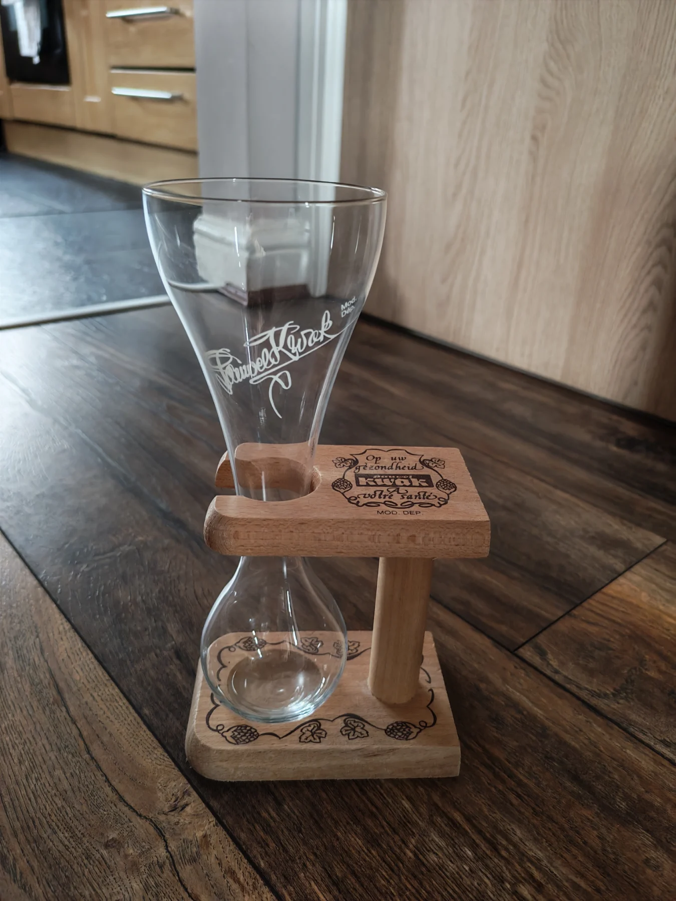 Belgian Beer Glass with Wooden Stand Brewery Collectible