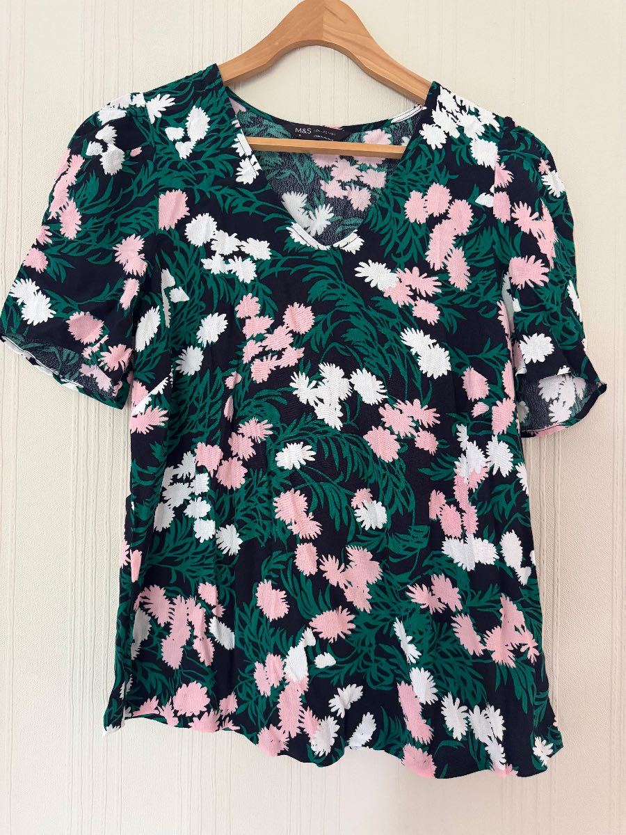 Green and pink short sleeve patterned blouse size 10 from Marks and Spencer