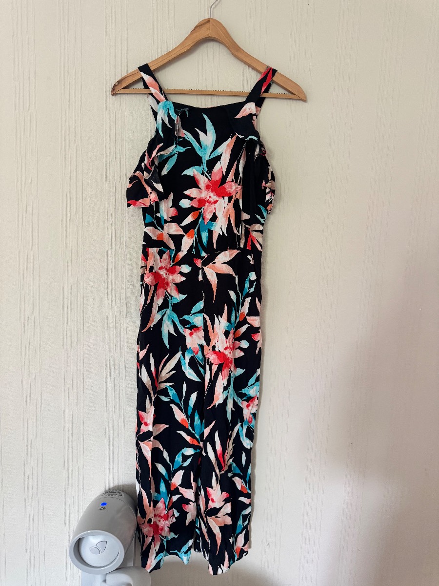F&F Black Tropical Floral Cold Shoulder Jumpsuit size 8