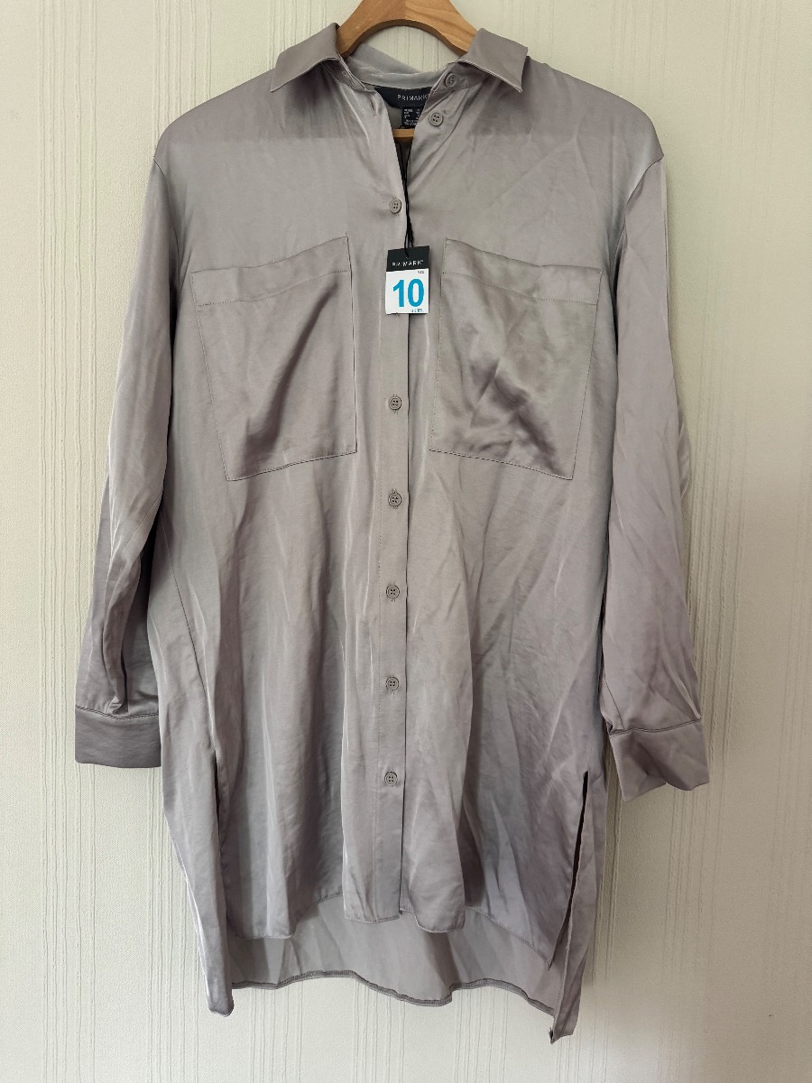 Primark Grey Satin Look Longline Oversized Shirt dress 10 BNWT