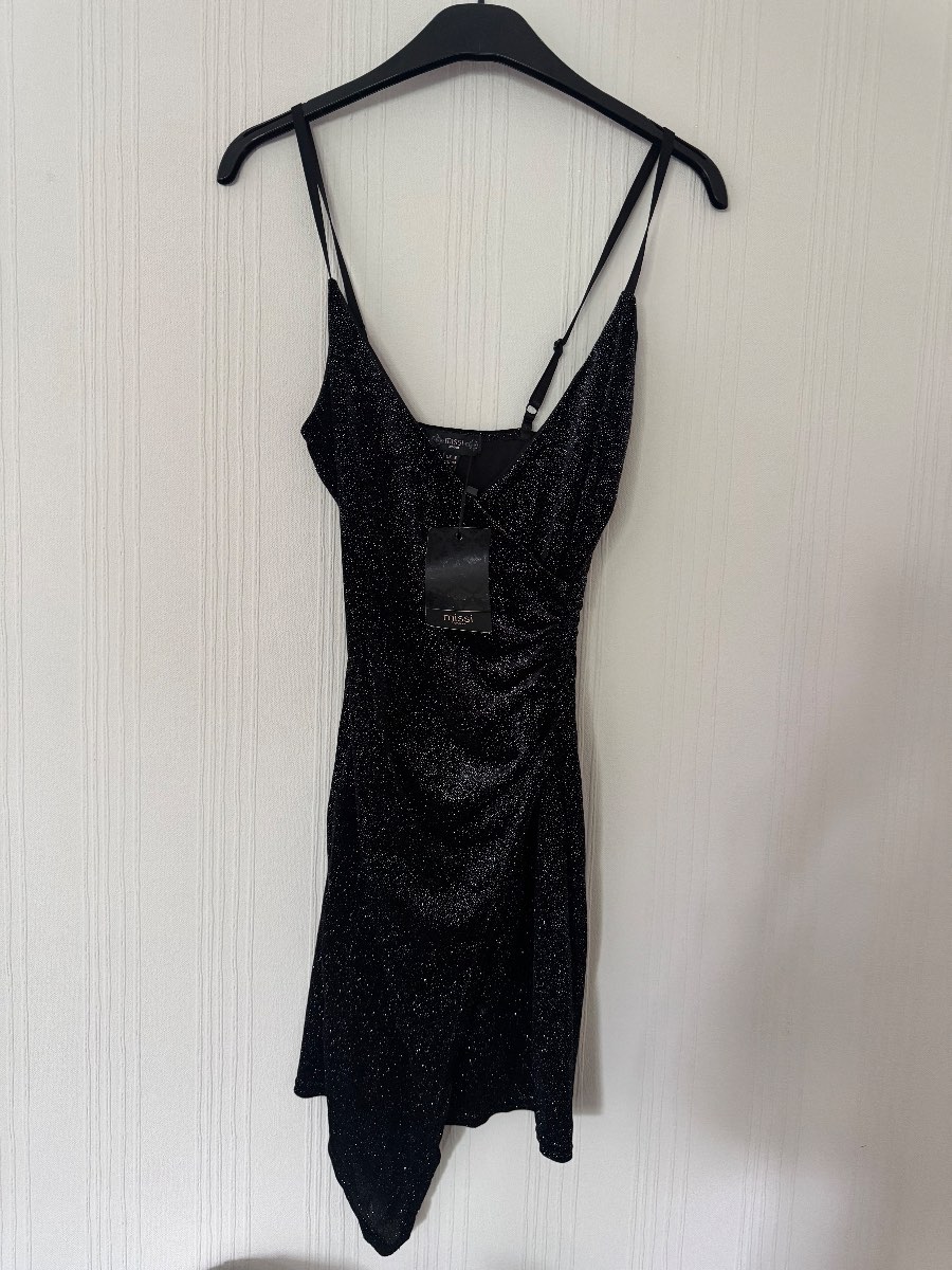Missi London Black Glitter Asymmetric Mini Dress UK 8 New with Tags