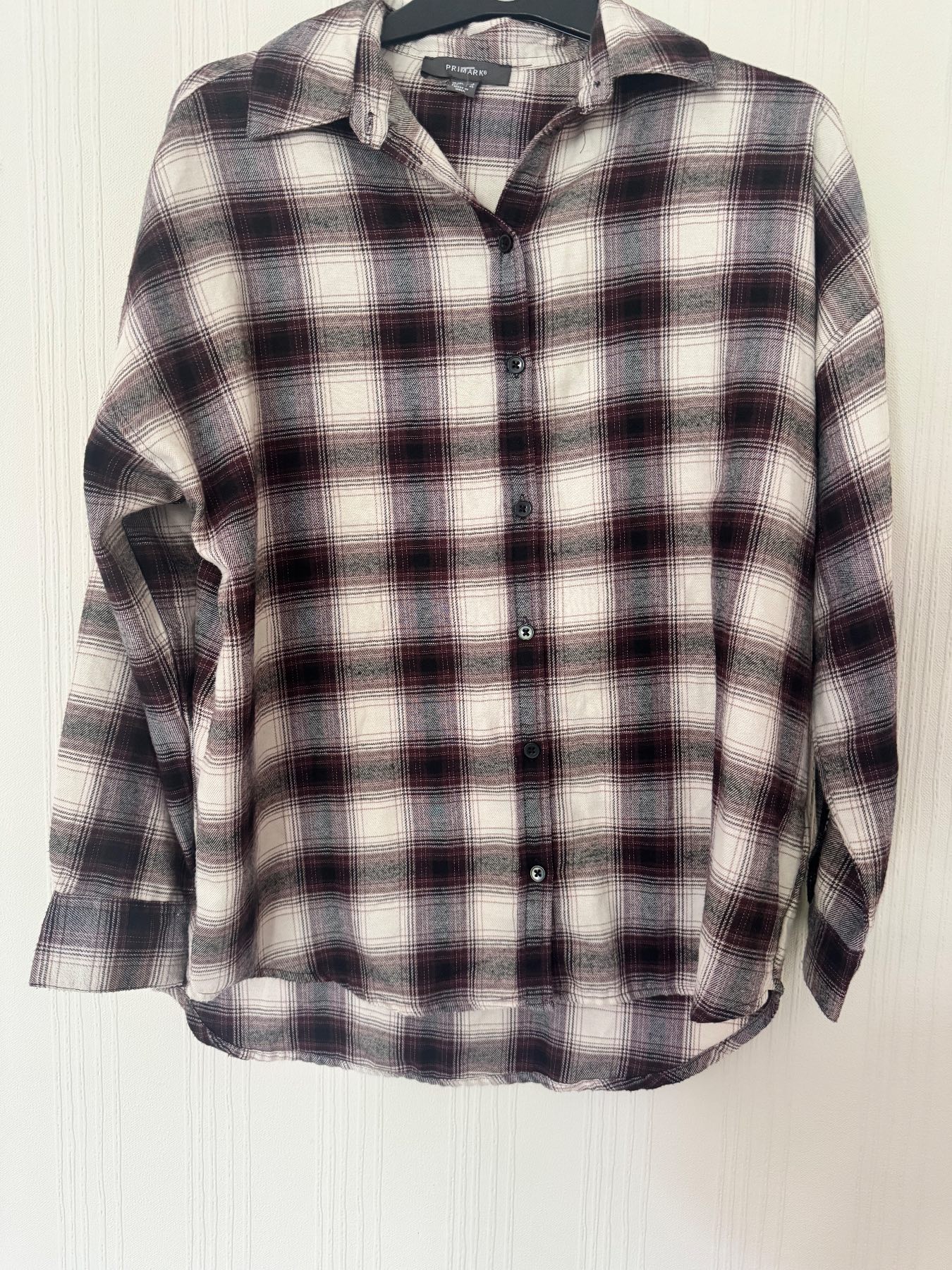 Primark Burgundy & Cream oversized Checked Flannel Shirt – UK 8