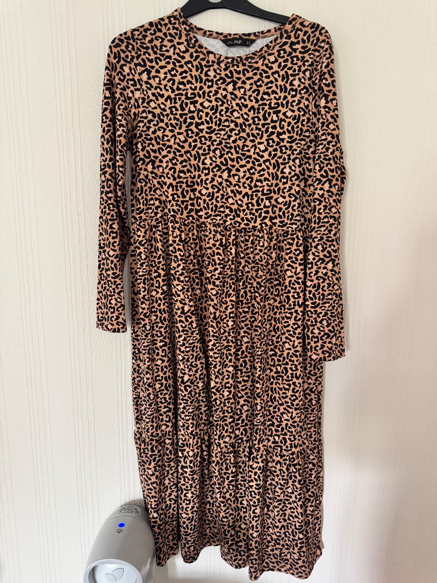 F&F Leopard Print Tiered Midi Dress – Size UK 12