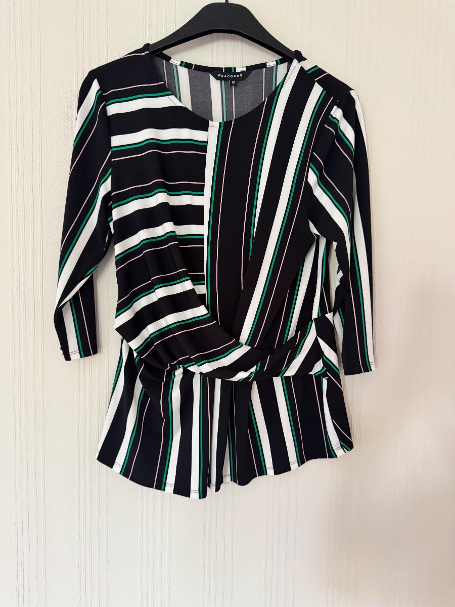 Peacocks Black Multi Stripe Wrap Peplum Top – Size 12