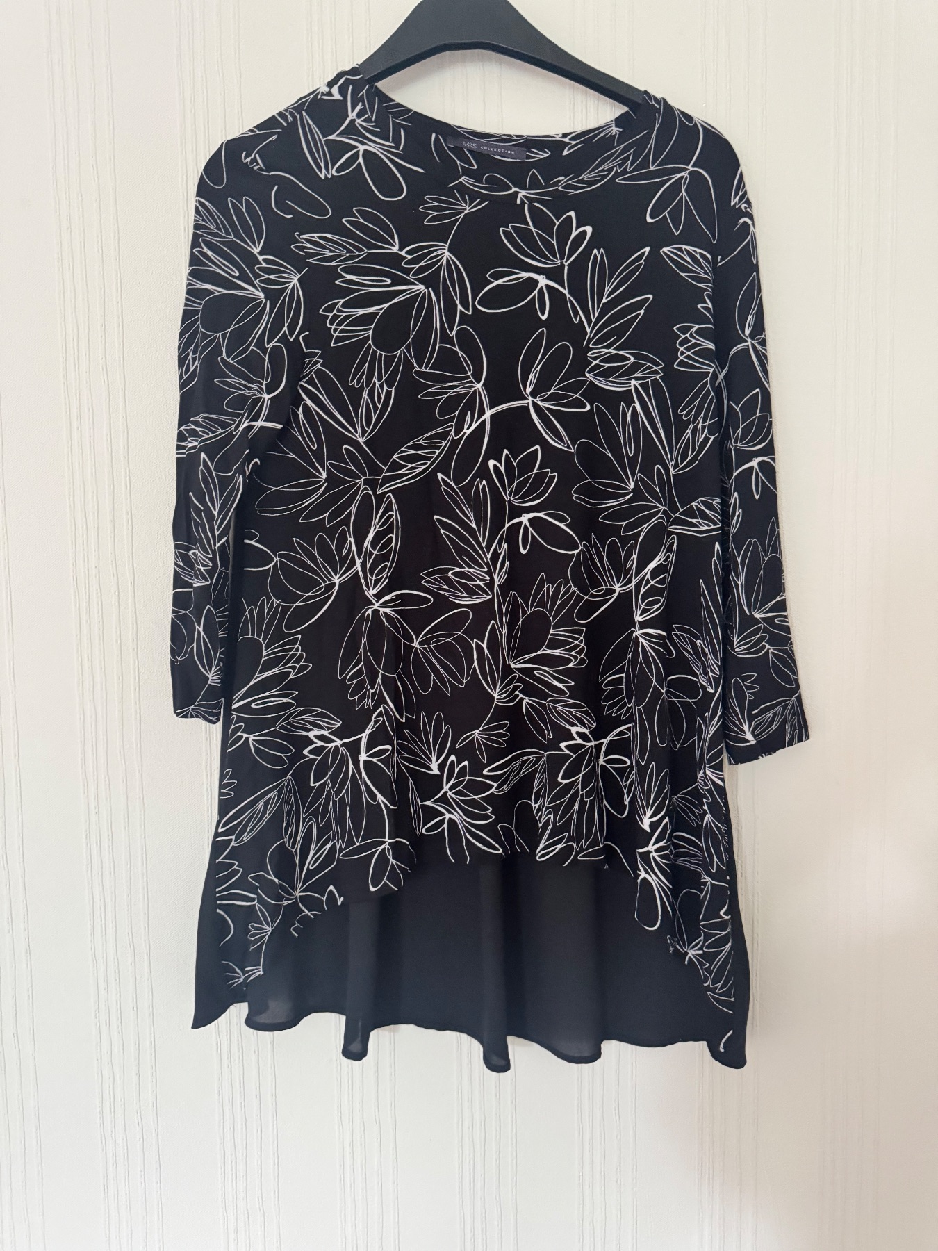 Black and white floral asymmetric long top size 10 from M&S