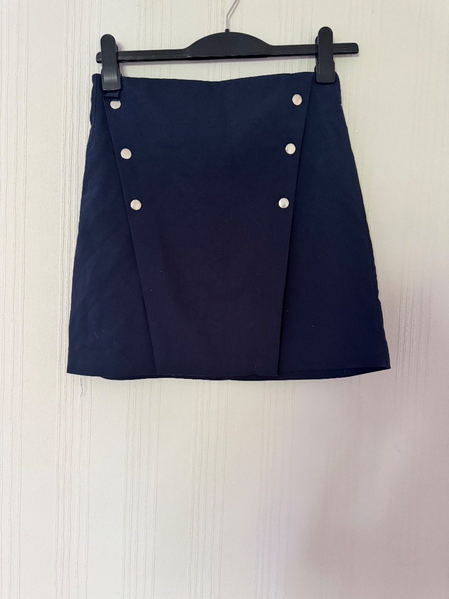 Zara Basic Navy A-Line Mini Skirt with Silver Button Detail – Size S (UK 8)
