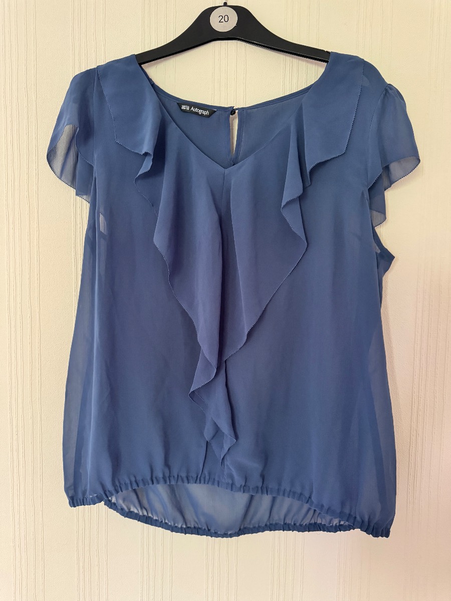 M&S Autograph Blue Ruffle Chiffon Blouse size 12