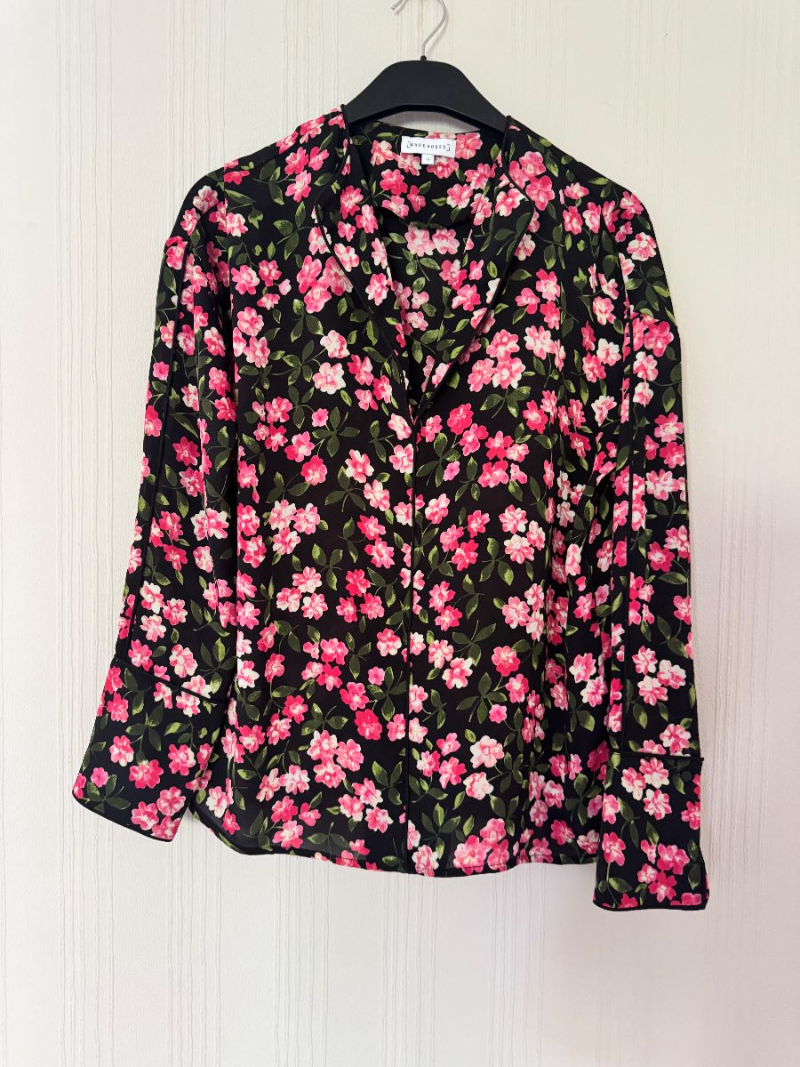 Warehouse Black Floral Long Sleeve Blouse – Pink Flower Print – UK 10