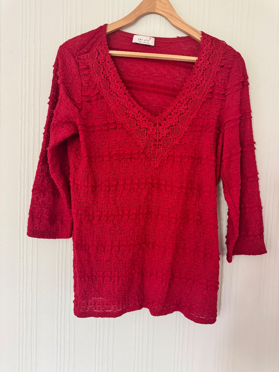 Per Una Red Lace Textured 3/4 Sleeve Top size 12