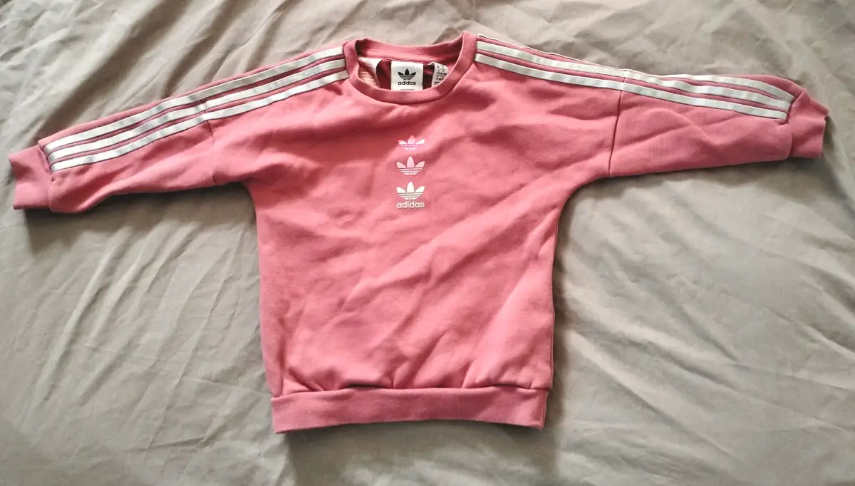 Pink Adidas kids sweatshirt with white stripes on sleeves. 18-24M. VGC