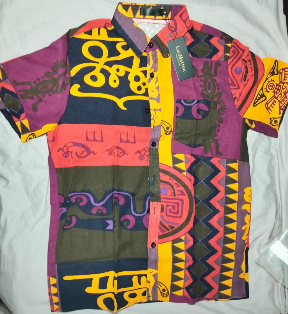 Luc Matton Men's Floral Hawaiian Shirt with multicolored geometric and tribal pattern