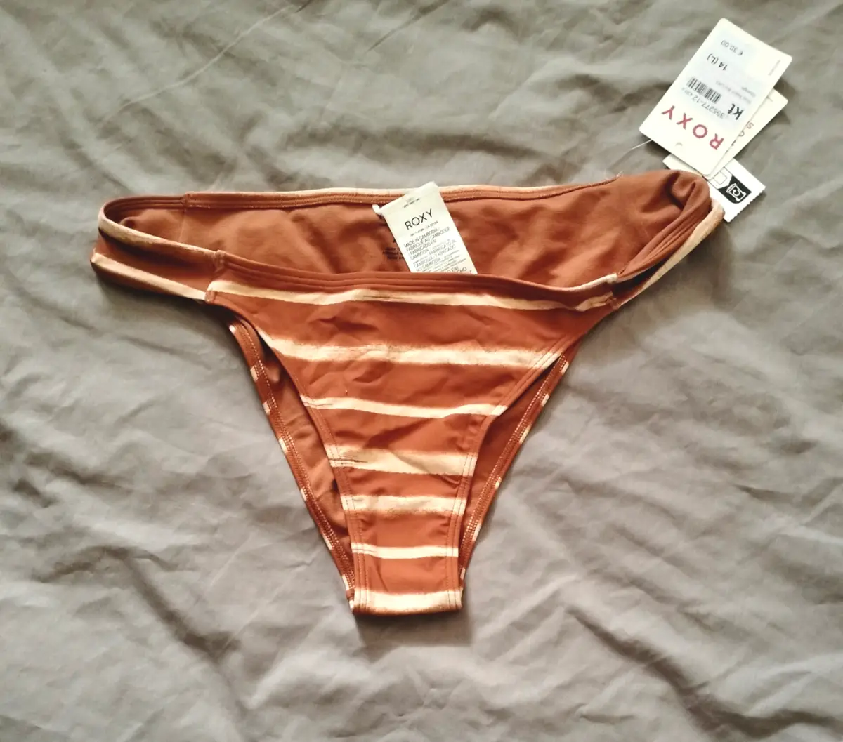 Roxy orangy brown and beige horizontal striped bikini bottoms Large New