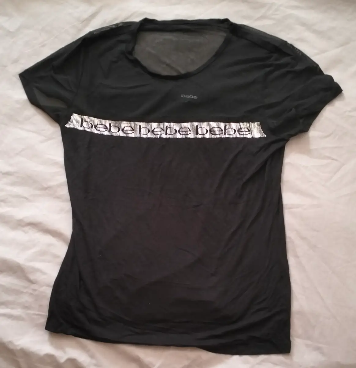 Black Bebe baby tee with white 'bebe bebe bebe' text  Size: L