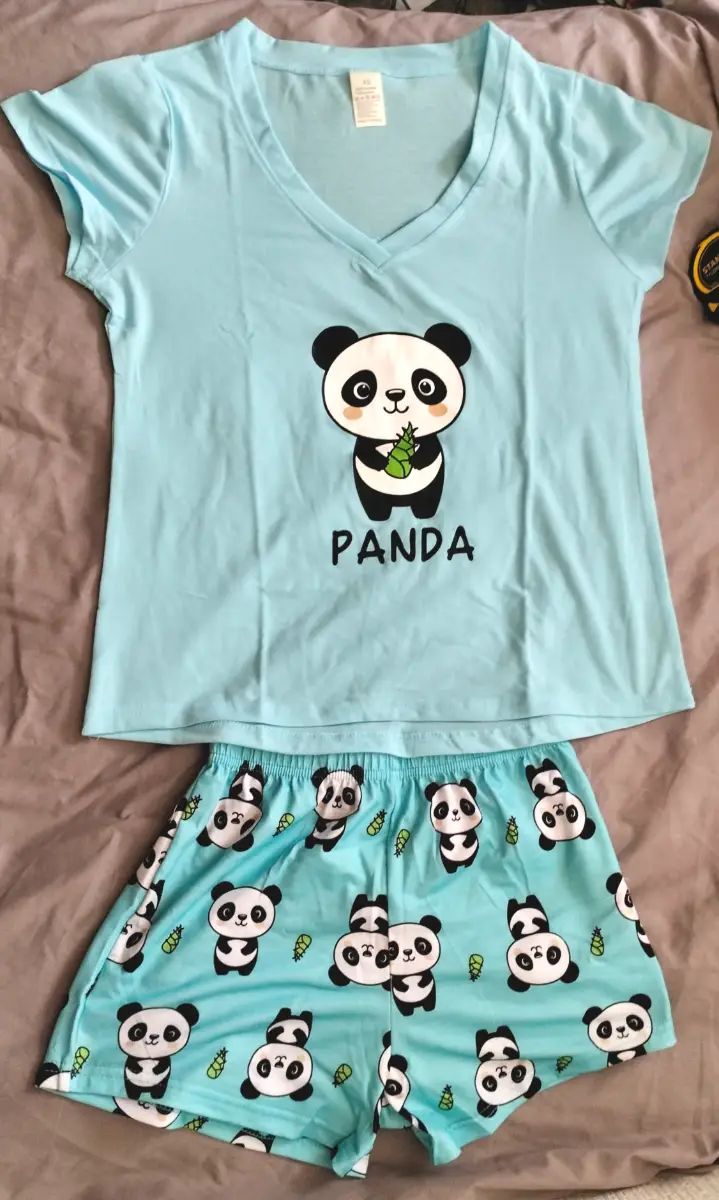 Women's Cute Panda Print Pyjama Set 2 Piece V-Neck Short Sleeve Top & Shorts. XS.