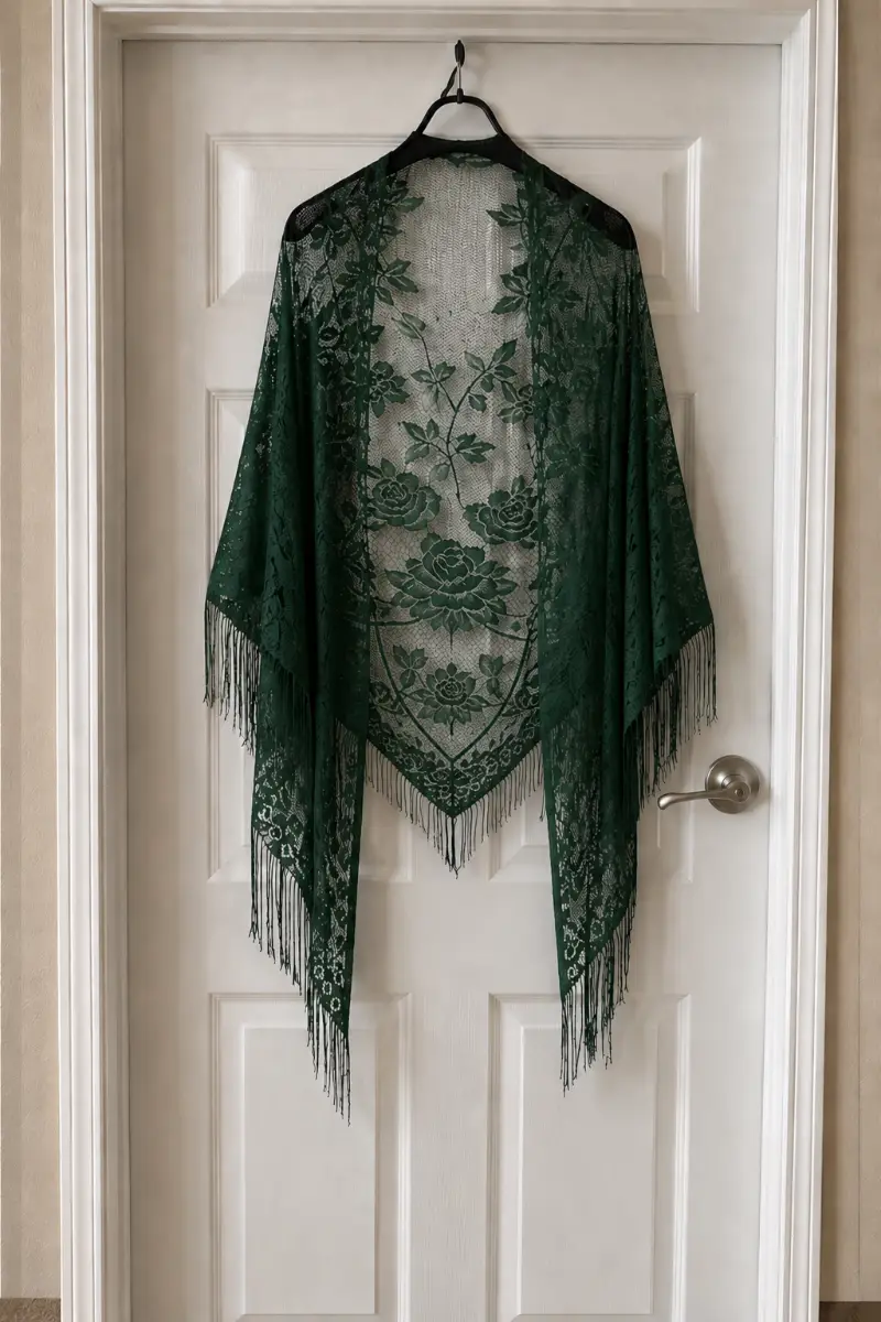 Dark Green Coloured Elegant Women's Solid Color Floral Summer Lace Triangle Shawl with Tassels New
