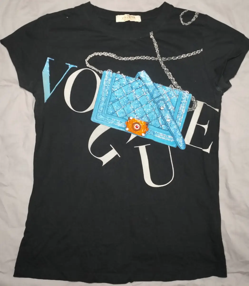 Black Vogue sparkly graphic tee with blue purse graphic & diamante gems Small