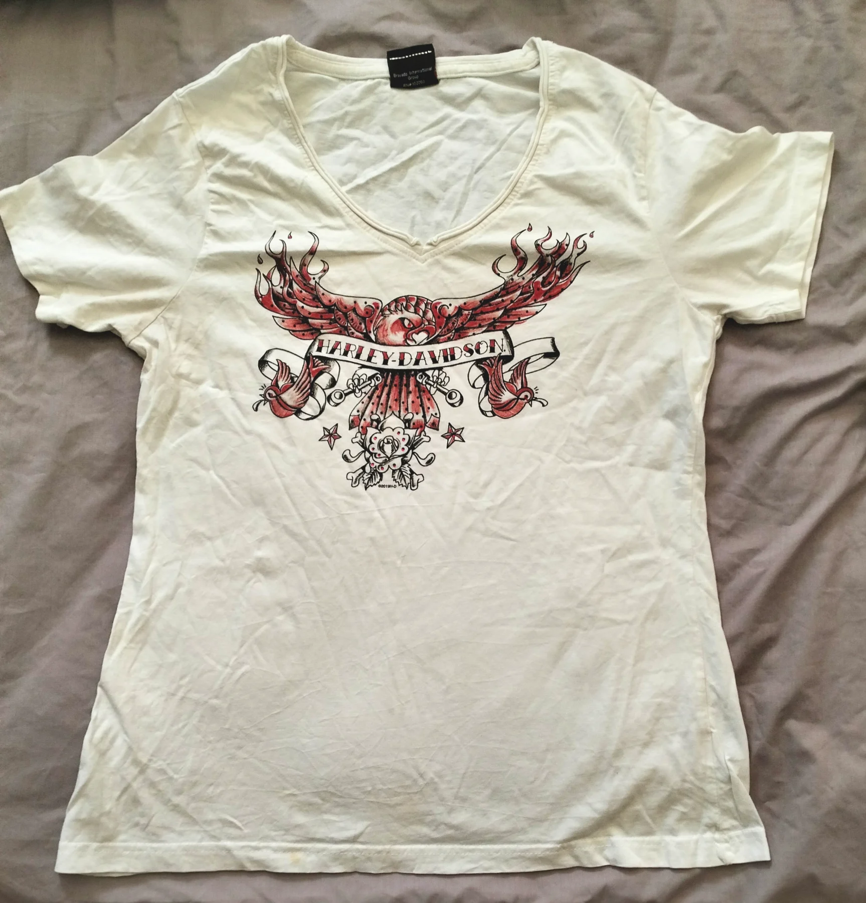 Harley Davidson white & cream t-shirt with red & black eagle graphic Large VGC
