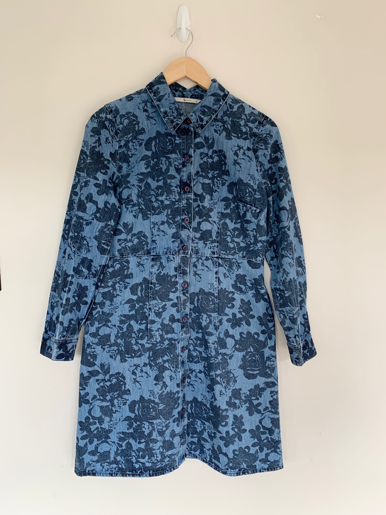 Tu Blue Floral Print Denim Shirt Dress Long Sleeve Cotton Size 10 Autumn