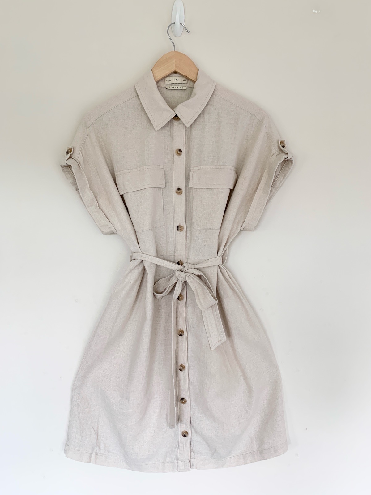 F&F Beige Linen Blend Utility Shirt Dress Belted Knee Length Size 10 Summer Holiday