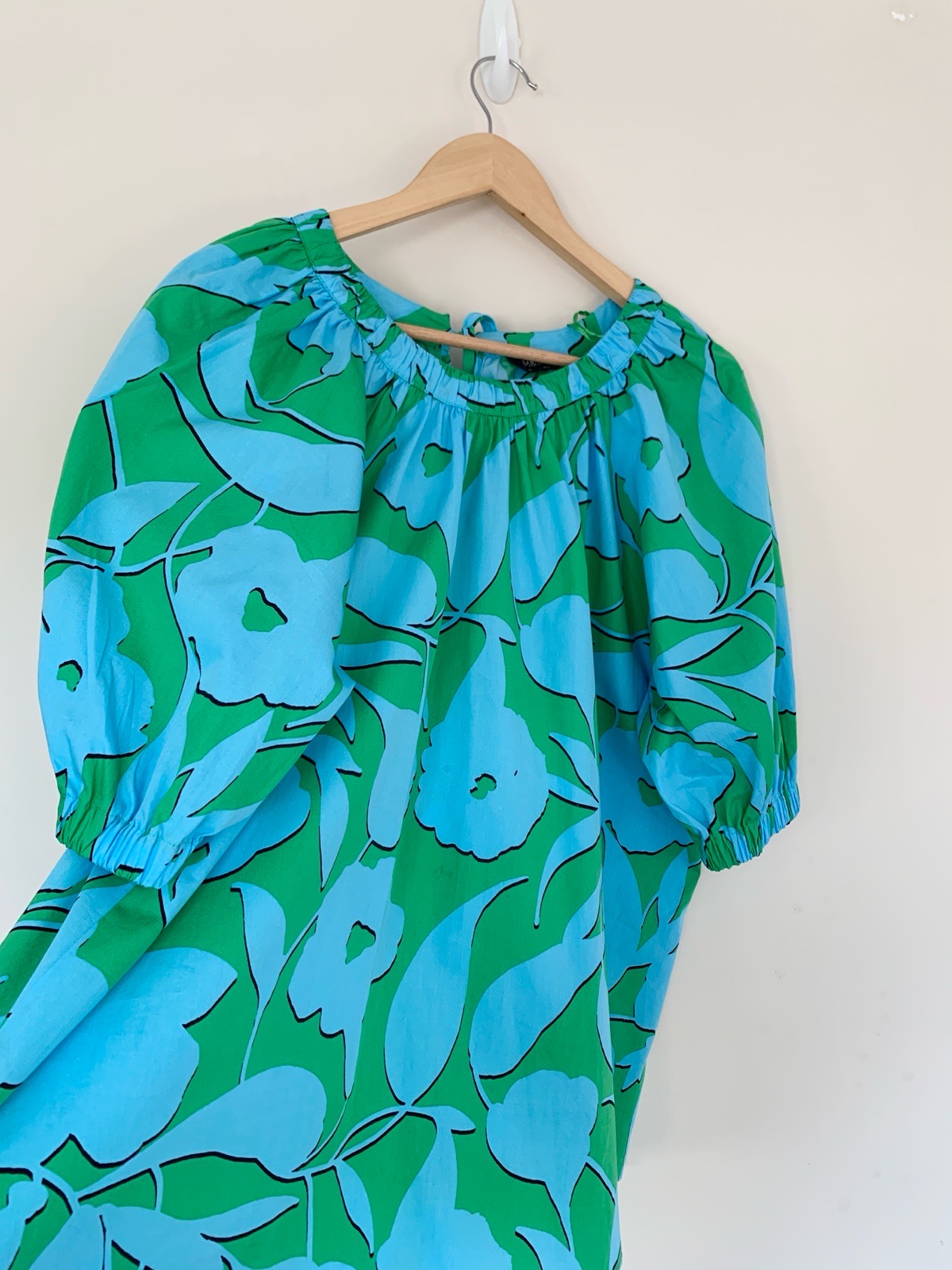 M&S Green Blue Graphic Floral Cotton Puff Sleeve Smock Blouse Top UK 16 Dopamine Dressing