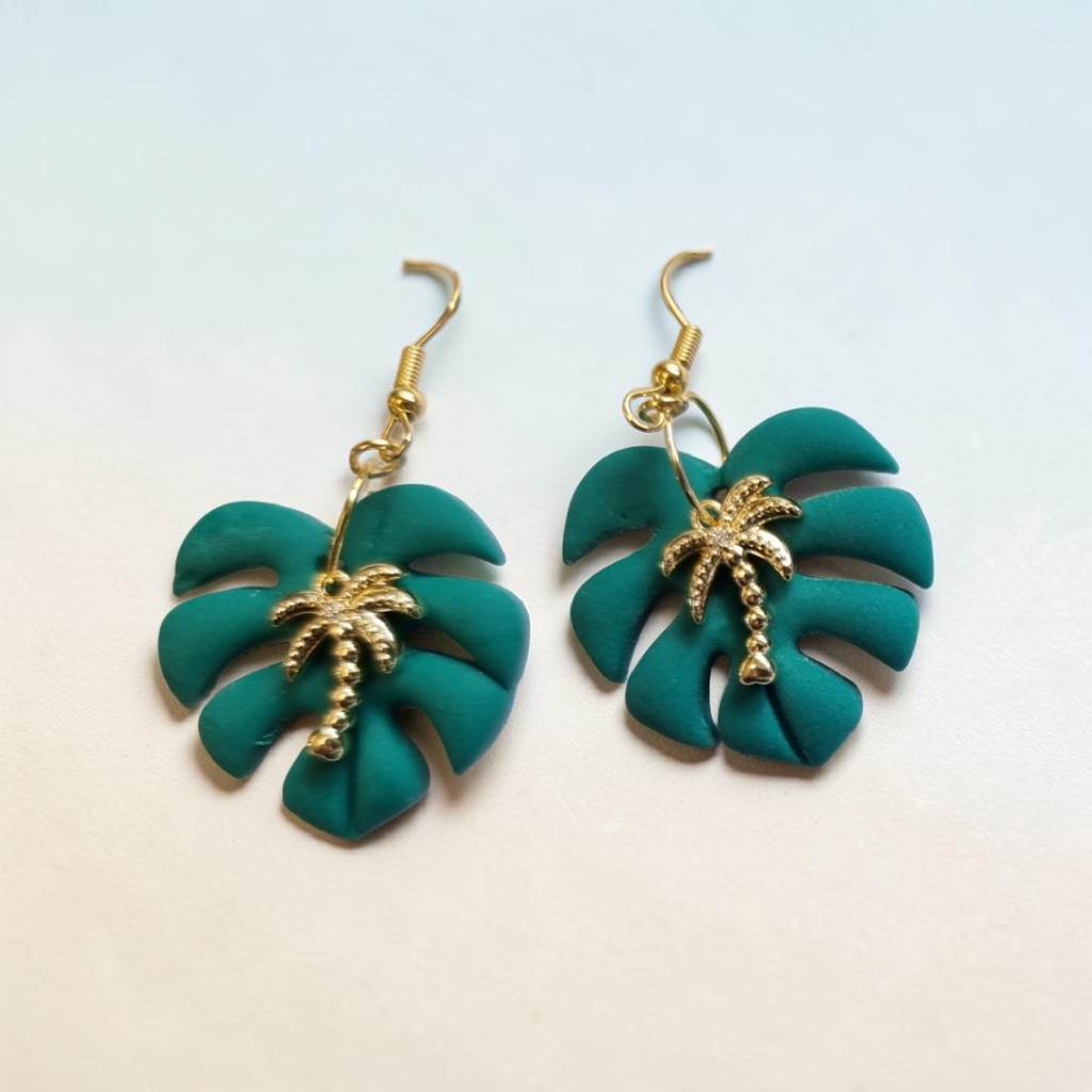 Palm tree Monstera leaf polyclay earrings- stainless steel and hypoallergenic- Handmade
