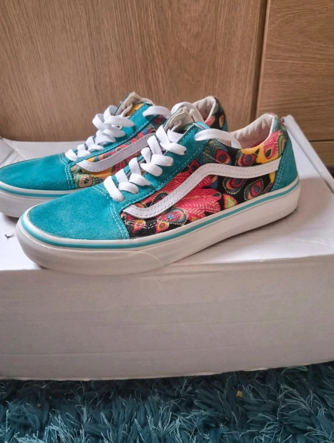 Rare Vans Old Skool Skate Shoes Peacock Paisley Turquoise Blue -  Size 5