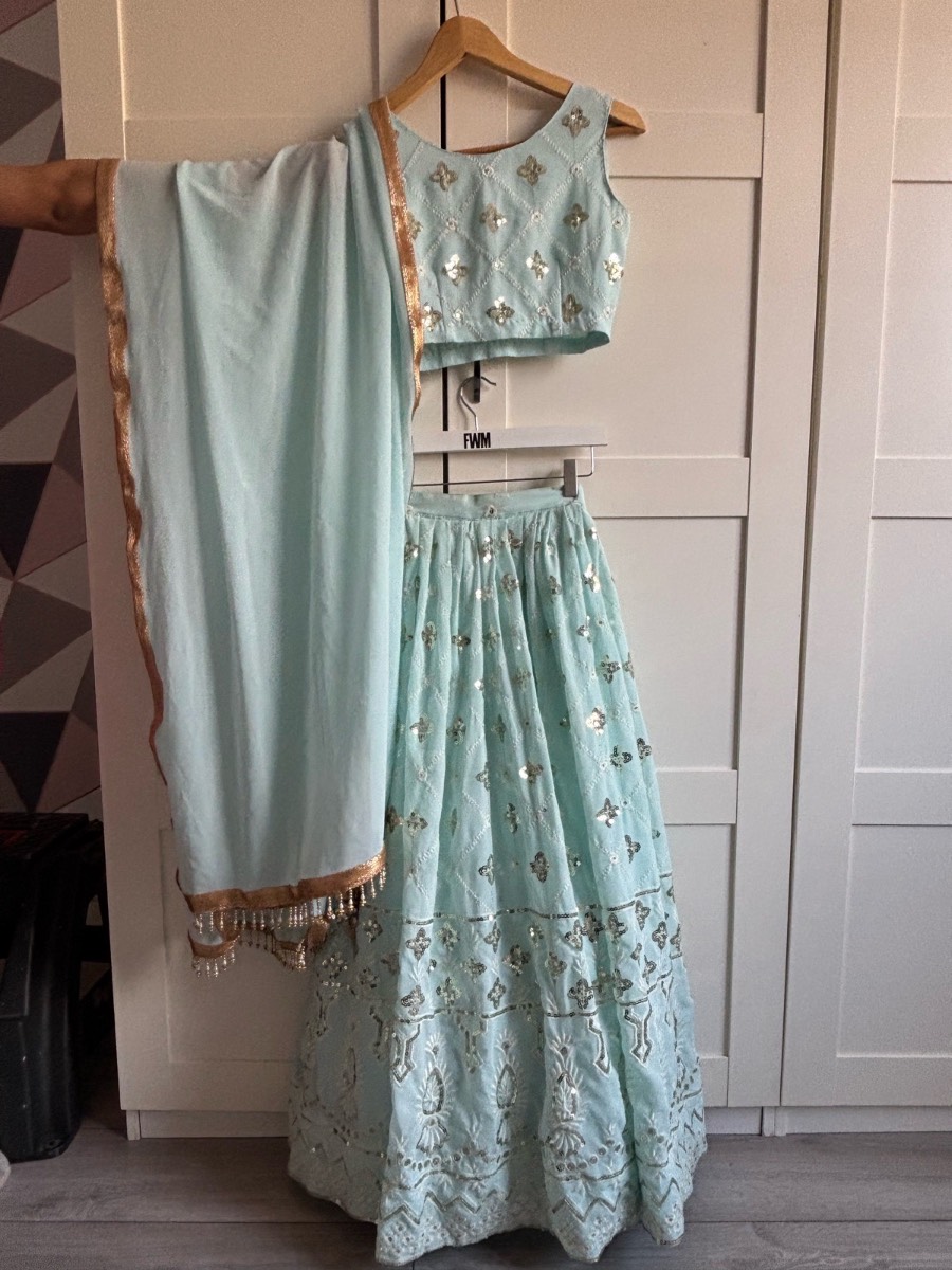 Beautiful Mint Green Indian Lehenga Choli & Dupatta Set | Embroidered | Party/Wedding