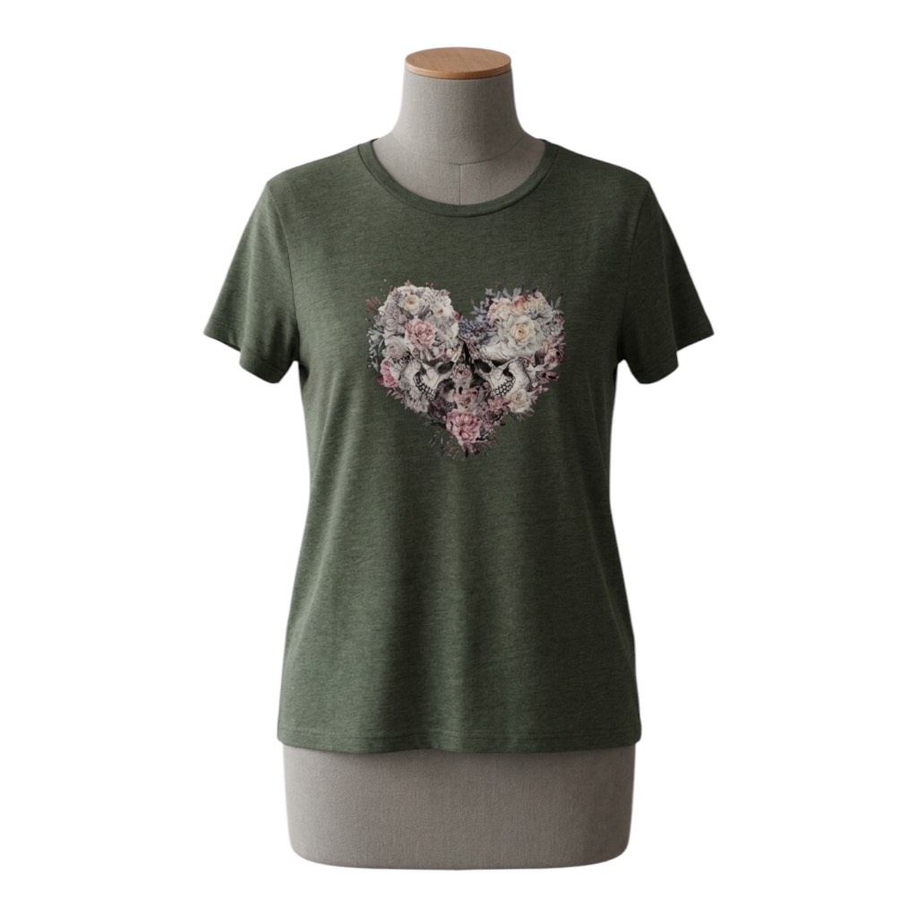 Women’s Shein Sage Green Floral Skull Heart T-Shirt, Size Large (Uk 12-14)