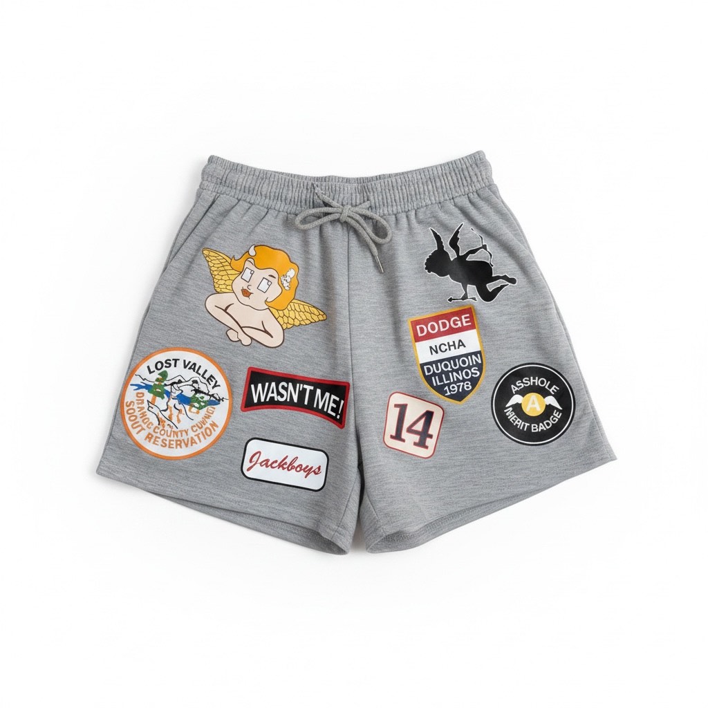 Men's Grey Graphic Multi-Patch Sweat Shorts - Size XS