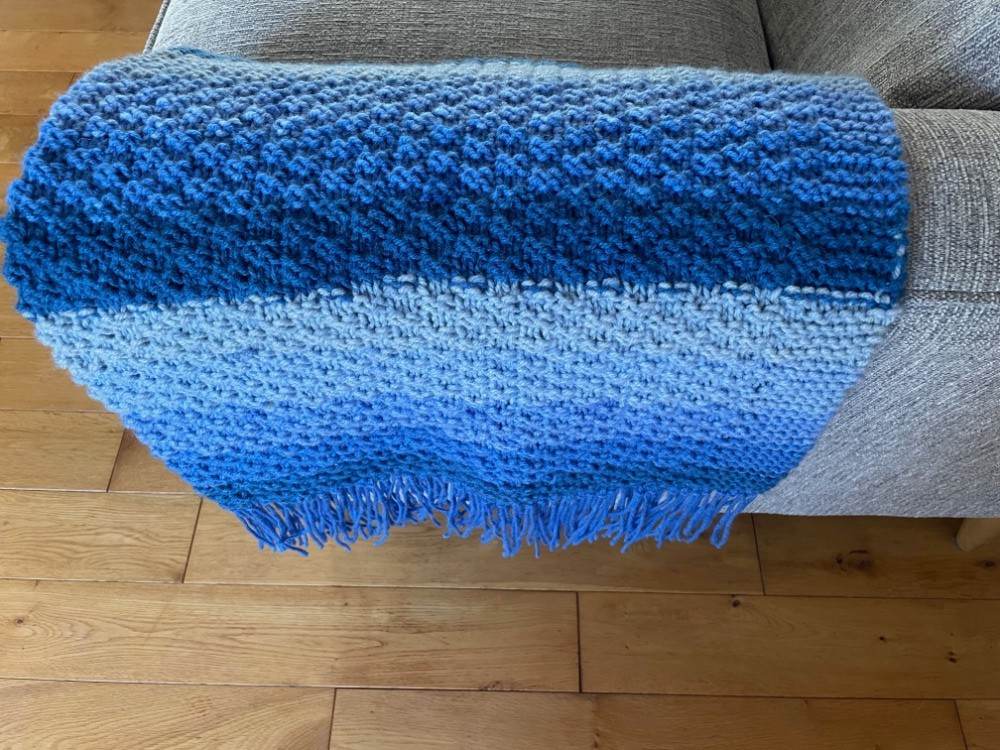 Handmade Blue Multicoloured Moss Stitch Throw with Tassels