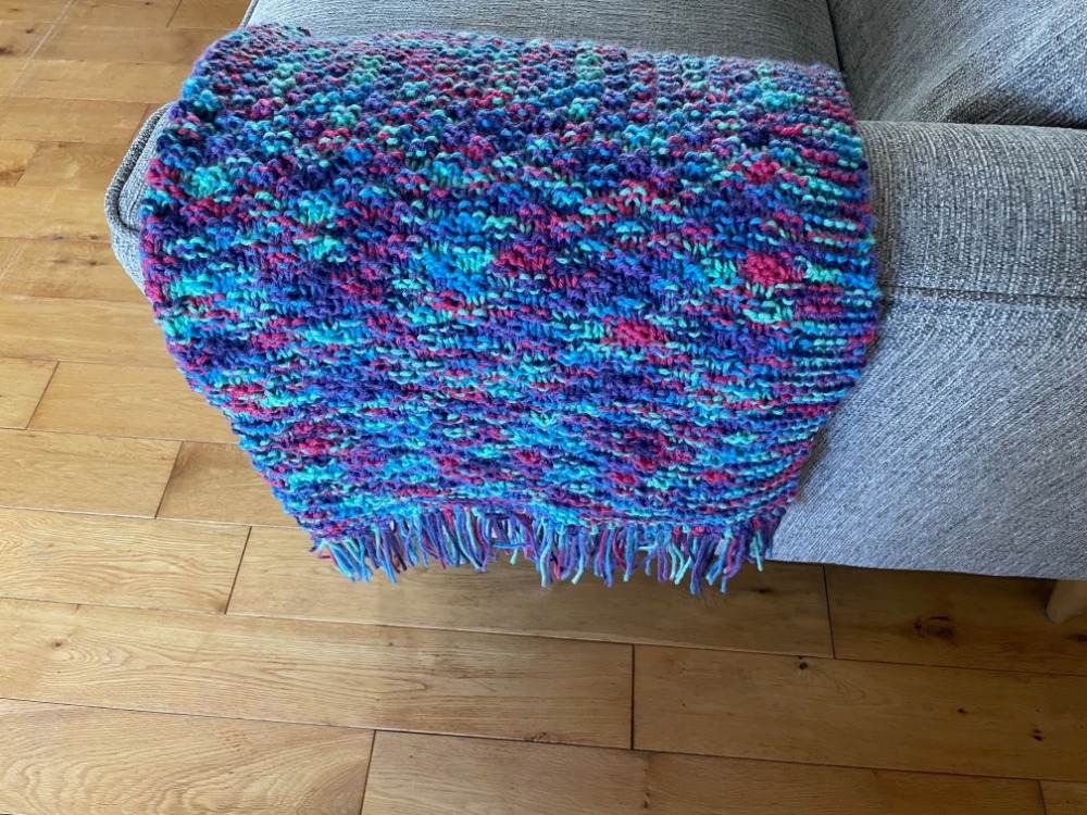Handmade Multicoloured Moss Stitch Throw with Tassels