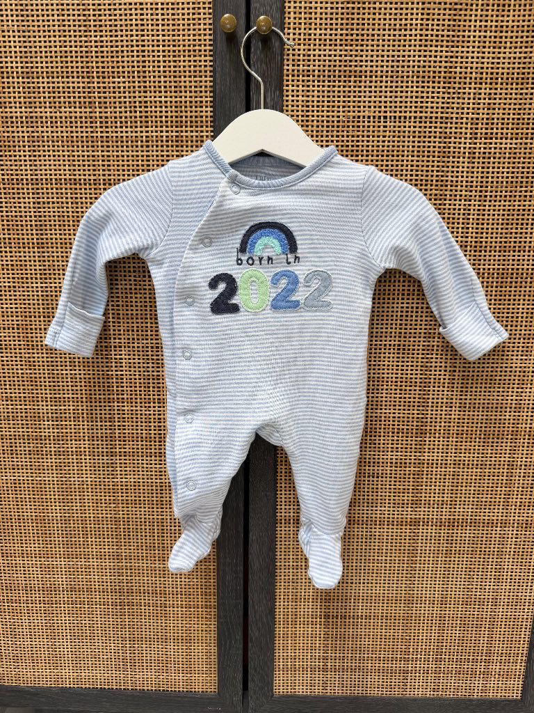 F&F Blue Striped Baby Sleepsuit Features "Born in 2022" Embroidered Rainbow Slogan Up To 1 Months