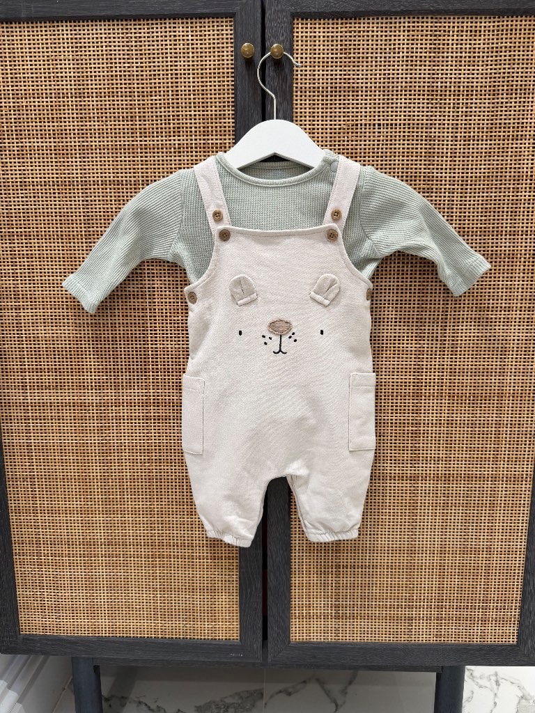 Tu Clothing Two Piece Sage Green Waffle Top/Bodysuit & Bear Dungaree Set Age Up To 1 Month