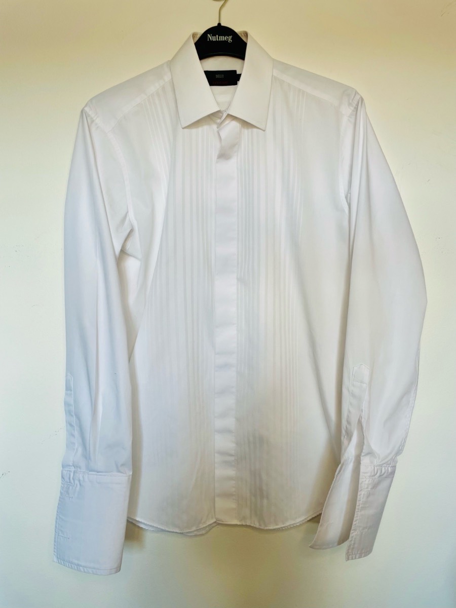 M&S Men’s White Pleated Dinner Shirt – Double Cuff – VGC Neck size 16