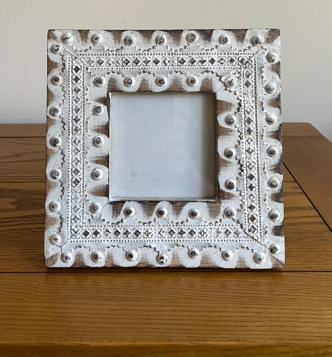 Beautiful rustic boho photo frame with hand-carved details, size 7.5 x 7.5 inches holds photo 3.5 x
