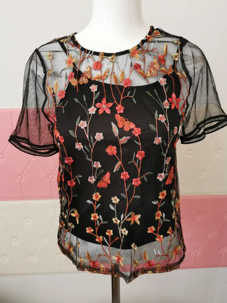 New Look Women's Black mesh top with floral embroidery with vest top, Size 8 UK