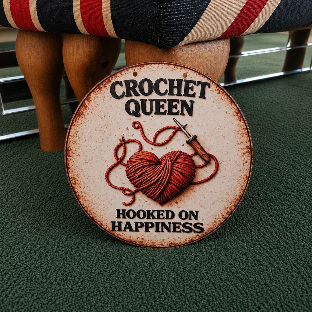 Crochet Queen Hooked on Happiness Metal Sign | Crochet Gift | Craft Room Decor