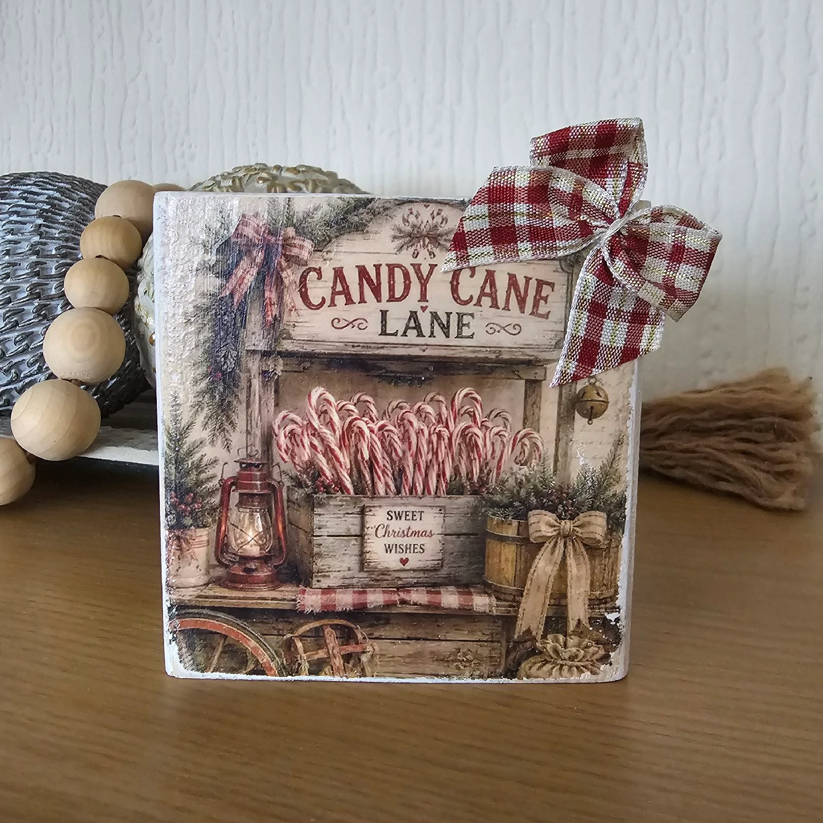 Candy cane lane wooden shelf sitter. Christmas decor