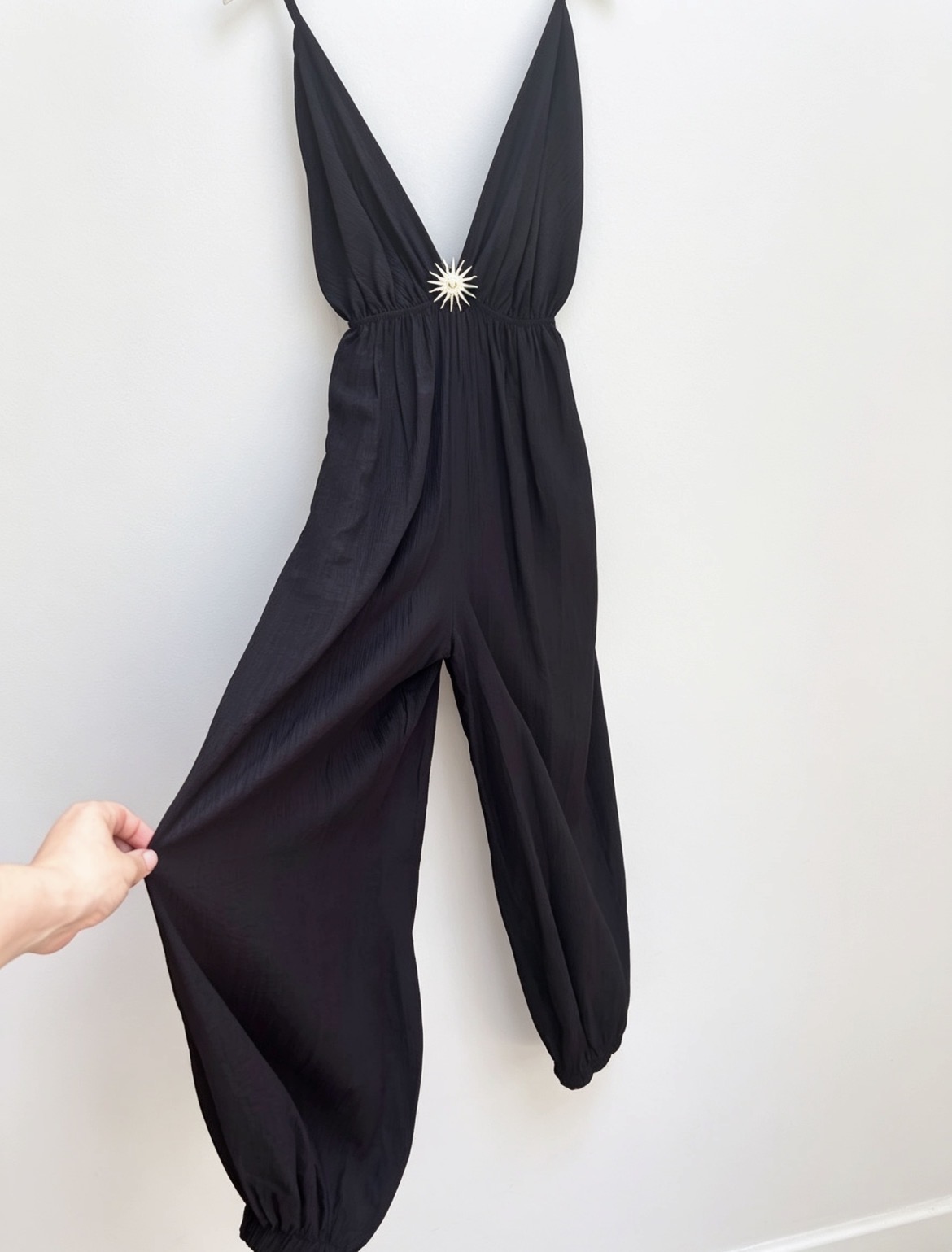 Ladies Black Summer V Neck Low Back Jumpsuit, New Collection, One size up to 14