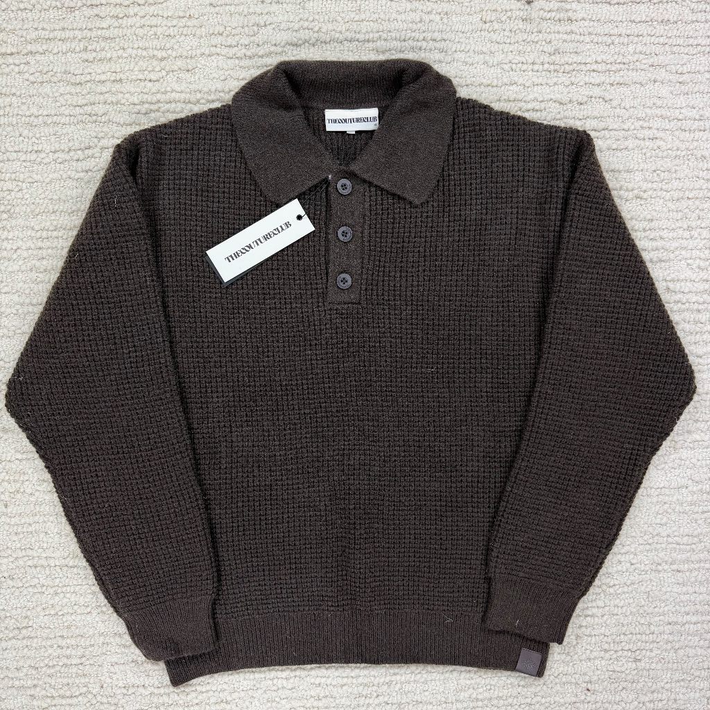 The Couture Club waffle Knit Mens Brown Long sleeve Polo shirt Size S BWNT