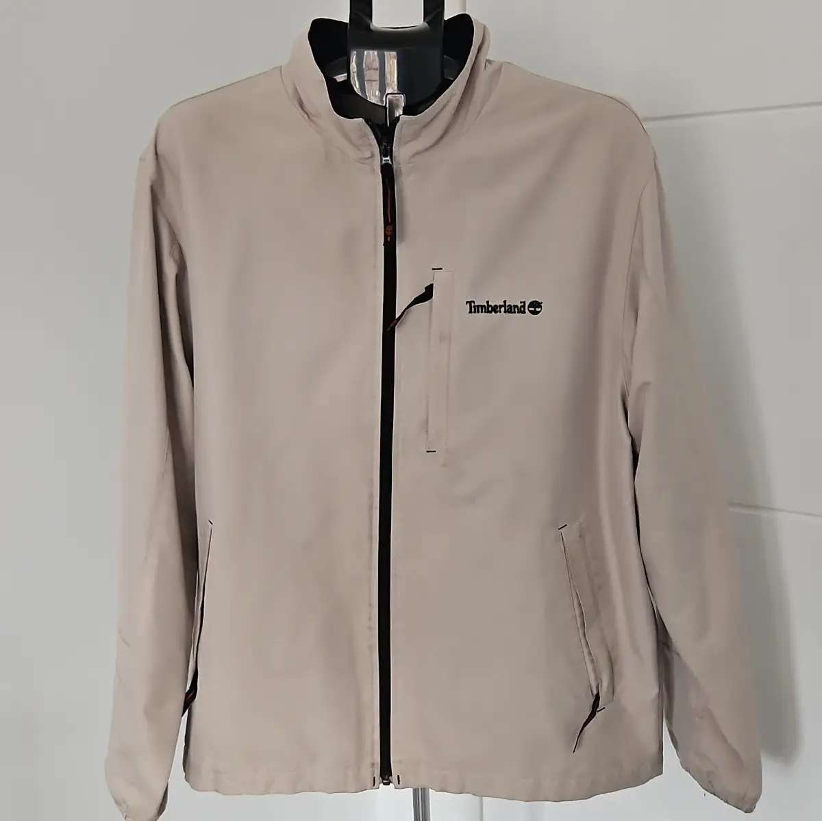 Timberland Weathergear Beige Full Zip Jacket Stand-Up Collar Logo Men’s L