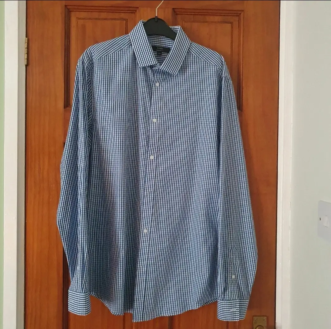 George at Asda Men's Blue & White Check Long Sleeve Shirt – 15.5" Collar – Like New
