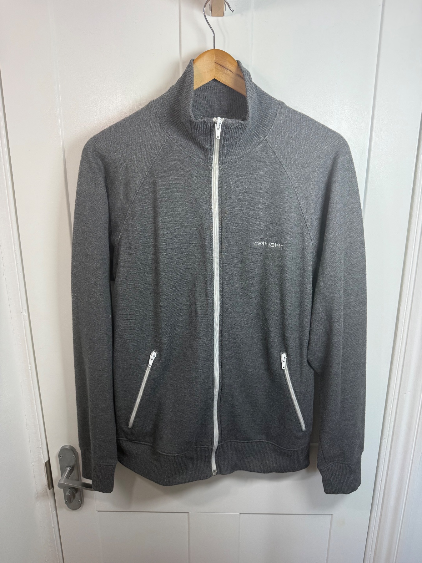 Carhartt WIP Mens Knit Gym Track Jacket Full Zip Grey Jumper White Logo Medium M