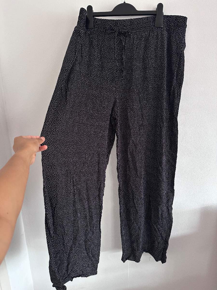 George UK 16 Black Polka Dot Wide Leg Trousers Summer Elastic Waist