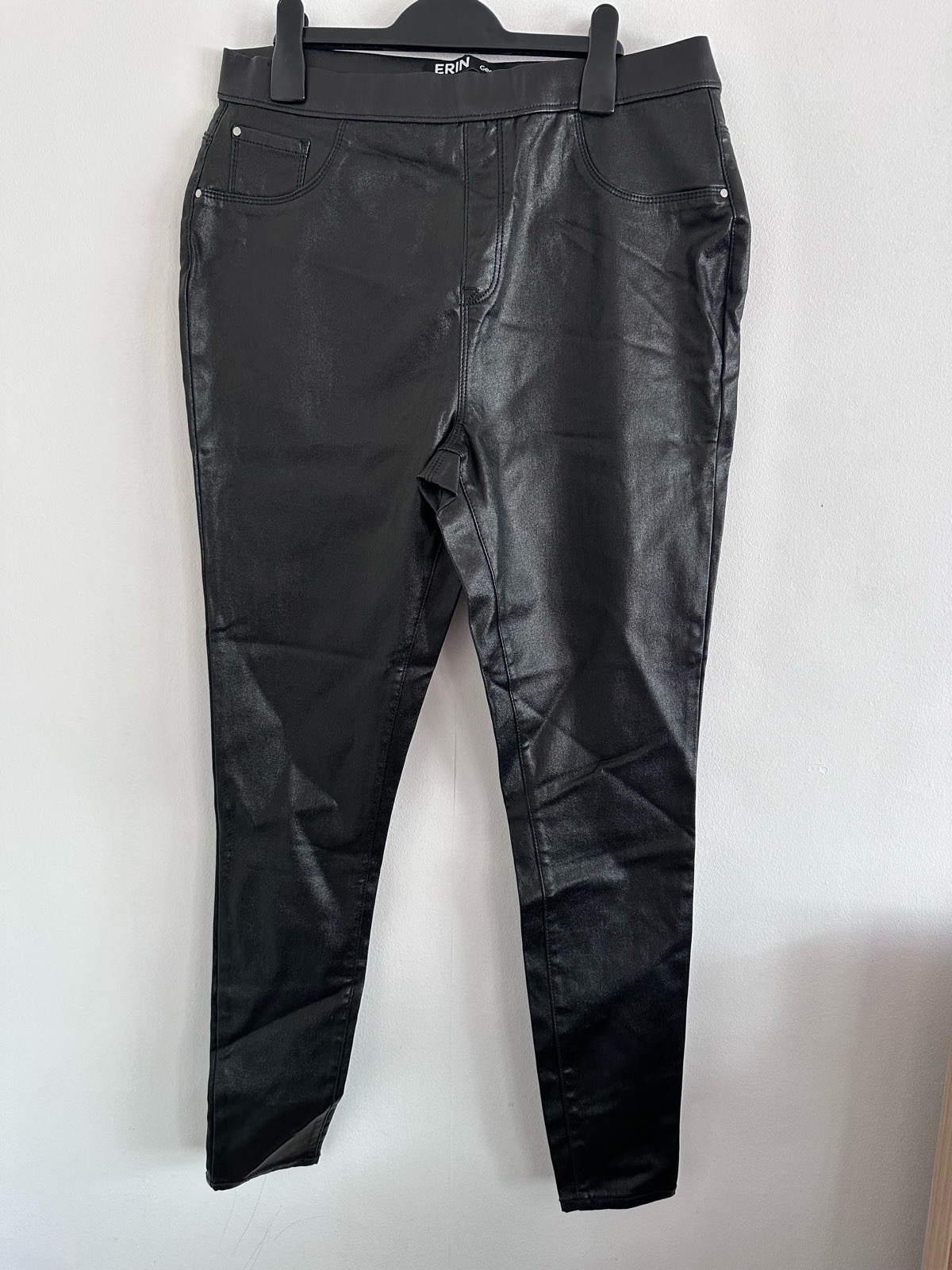 George Black Coated Faux Leather Trousers Size 16 Long Leg Jeans Jeggings