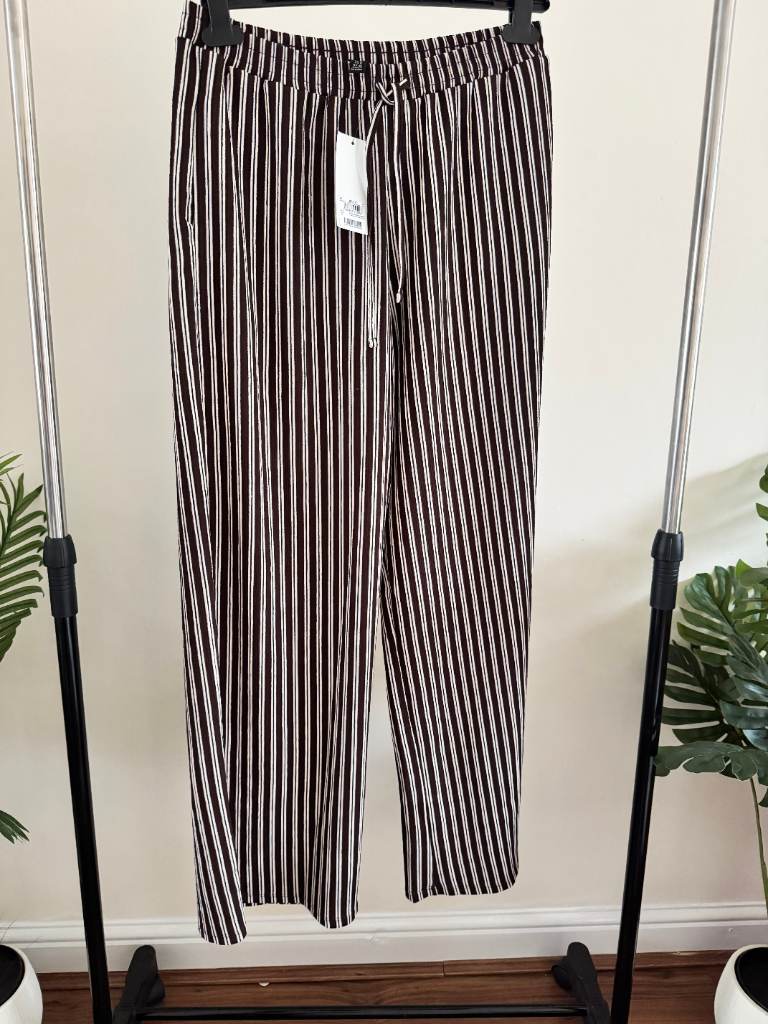 Next – Friends Like These Chocolate Stripe Wide Leg Trousers | Size 12 | NWT | RRP £40
