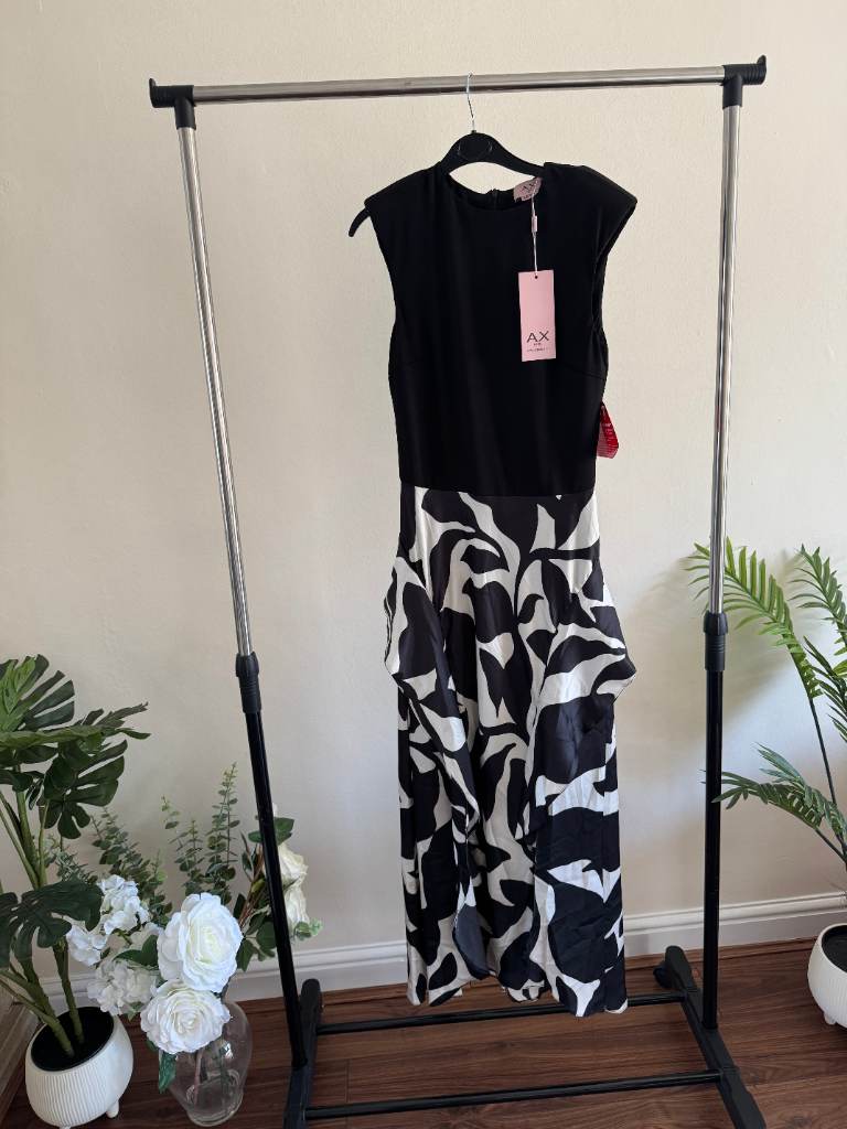 AX Paris Leaf Print 2-in-1 Frill Split Midi Dress Black/White – Size 8 – RRP £55